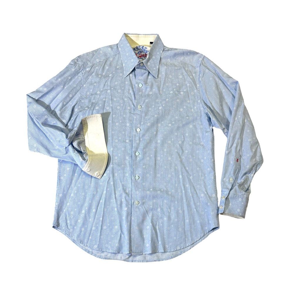 Robert Graham mens M Medium light blue geo stripe flip cuff button up shirt EUC
